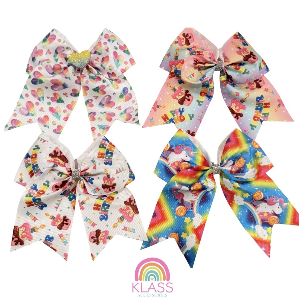 KLASS Girls Hair Bows Bundle Happy Birthday Rainbow 6" Jumbo Cheer Jojo Style ✨